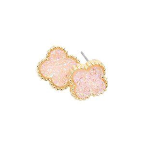 Tigerstars Romantic Pink Druzy Quatrefoil Clover Stud Earrings